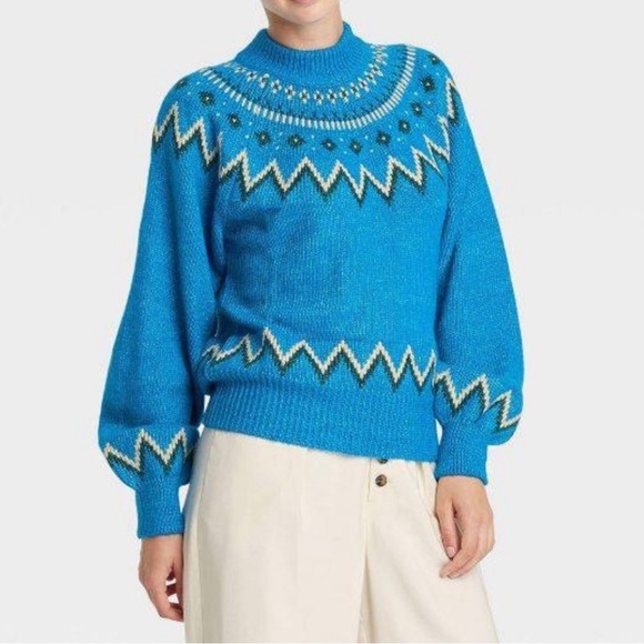 NWT! WHO WHAT WEAR ~ Gorgeous Fair Isle Ibiza Blue Pullover Sweater ~ Size Small - Picture 4 of 5